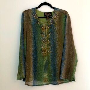 Alex Kim Beaded Embroidered Flow Sheer Top size PM